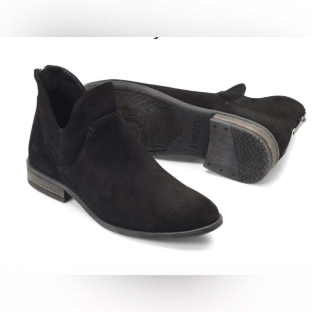 Born Arula Black Distressed Suede Western Almond Toe Ankle Bootie Back Zipper
